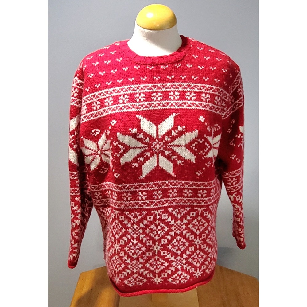 Vintage Sonoma Knit Sweater Womens L Red Wool Blend Snowflakes Fair Isle Nordic - Picture 4 of 7